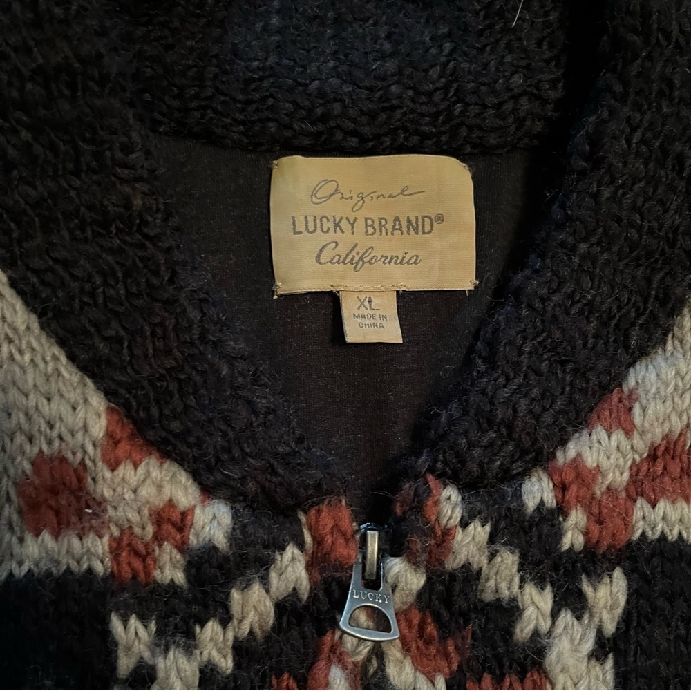 Lucky Brand Vintage Aztec Zip-Up Sweater Jacket Black Mens XL Heavyweight Knit - Picture 3 of 12